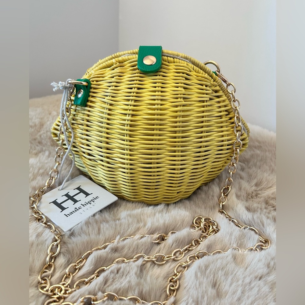 Haute Hippie Lemon Shaped Yellow and Green Wicker Bag NWT